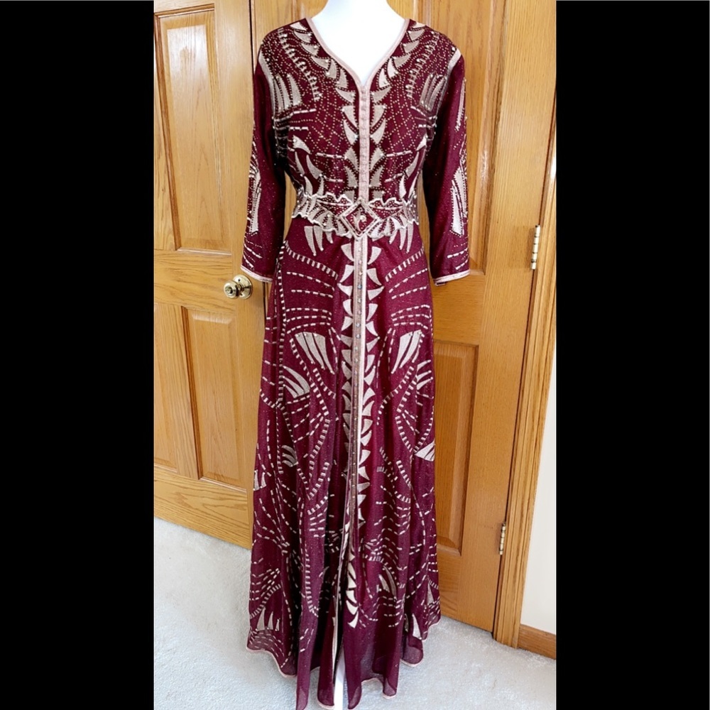 Formal Dress Abaya Size M, XL Red Gold Glitter Sparkle w/ Sleeves SULTAN Kaftan